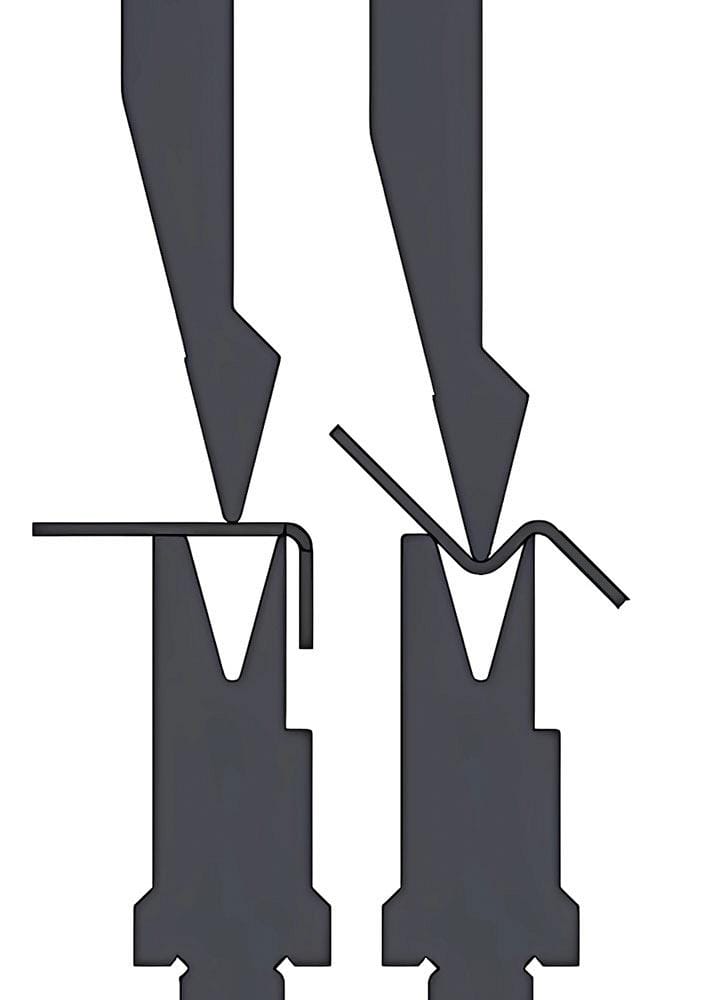 6 Myths About Press Brake Tools: Busting Them Helps You Work Better - Pictures 5 FIGURE 1 A standard die is relieved in the back to allow a shorter distance between bend centers and provide the necessary clearance for offset bends, without the need for a dedicated offset tool.