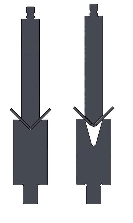 6 Myths About Press Brake Tools: Busting Them Helps You Work Better - Pictures 8 FIGURE 4 There’s still a place for coining (shown at left), especially when producing parts designed many years ago around the coining process, and part design changes simply aren’t an option.