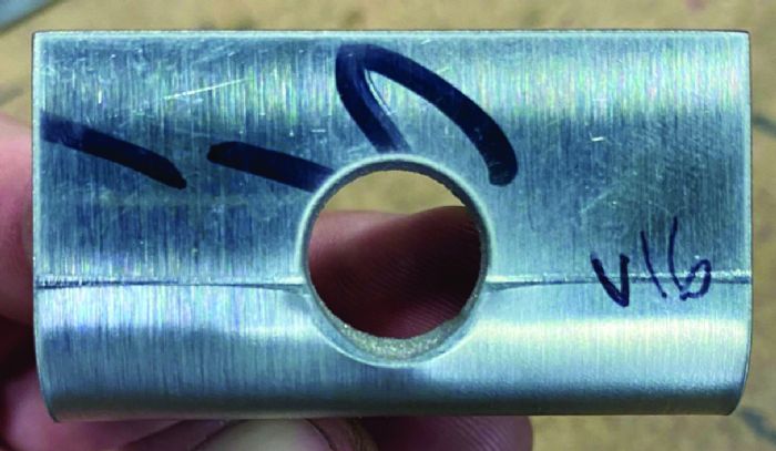 Press Brake Deformation Management: Innovative Solutions to Prevent Feature Distortion - Pictures 9 Fig. 5 - Here, a 0.630-in.-thick, 88-deg. V die was used. This minimized the deformation but did not eliminate it.