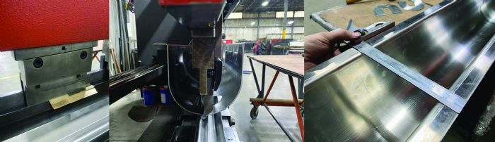 Innovative Solutions Step Bending on Press Brakes: Overcoming Common Challenges - Pictures 10 In this 12-ft.-long, 12-gauge 304 stainless steel U-shaped channel with two opposing return flanges, the operator must form the outside flanges before the U section. The perpendicularity of the outer flanges is paramount to ensuring a flat and level mating surface across the top of the completed workpiece. Off-the-shelf tooling for such a large radius is unfeasible for many job shops and custom fabricators. Rolling the U section may be an option, but a step bend on the press brake will hold a much tighter tolerance on such a long part.