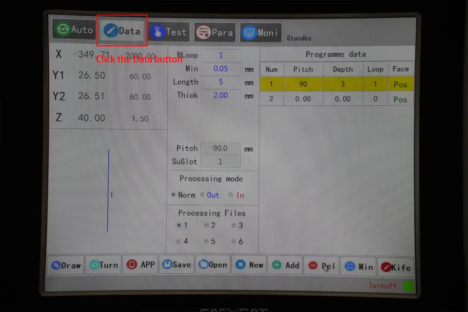Horizontal V Groover Machine Operation Tutorial - II - Pictures 16 Click the Data button