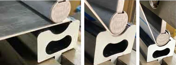 Cosmetic Press Brake Tools: Achieving Mar-Free Bends for Sensitive Materials - Pictures 16 Figure 12: This bullnose forming die has a stop adjacent to the shoulder, allowing the operator to position the blank so a radius forms all the way to the edge of the workpiece. In the second hit, the long leg of the blank is kept away from the ram.