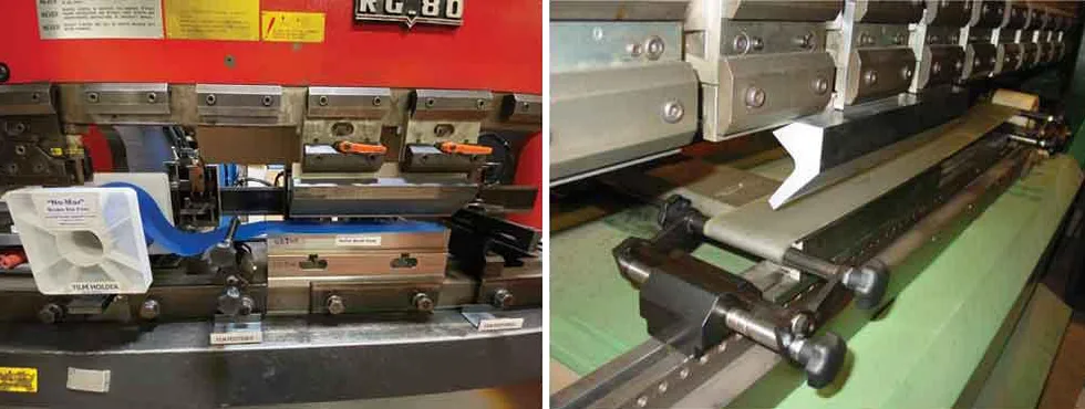Cosmetic Press Brake Tools: Achieving Mar-Free Bends for Sensitive Materials - Pictures 6 Figure 2: A dispenser (left) and a screw-type positioner (right) help operators replace urethane film quickly.