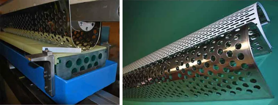 Cosmetic Press Brake Tools: Achieving Mar-Free Bends for Sensitive Materials - Pictures 13 Figure 9: Forming these stainless-steel muffler guards required a green urethane pad with an amber wear pad and a step in the steel punch to form the edge hems.