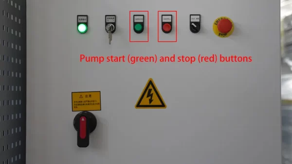 DELEM DA58T CNC Press Brake (finding reference point) – III - Pictures 11 Pump start (green) and stop (red) buttons