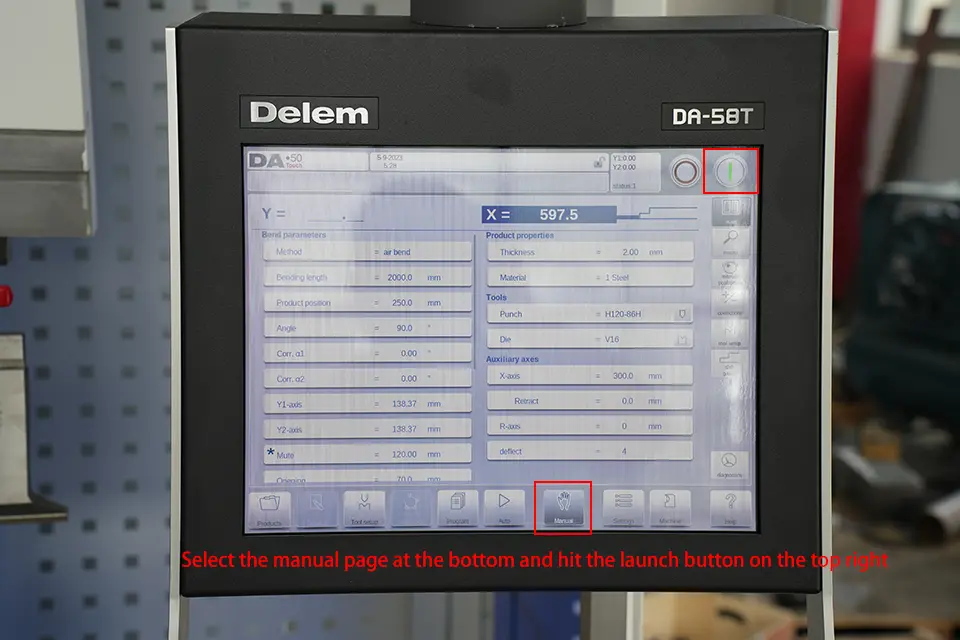 DELEM DA58T CNC Press Brake (finding reference point) – III - Pictures 13 Select the manual page at the bottom and hit the launch button on the top right