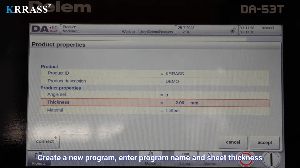 DELEM DA53T CNC Press Brake(Bending Operation Manual) – V - Pictures 9 2. Set program name and sheet thickness